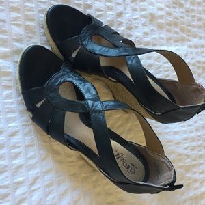 Black Leather Espadrilles Wedge Sandal